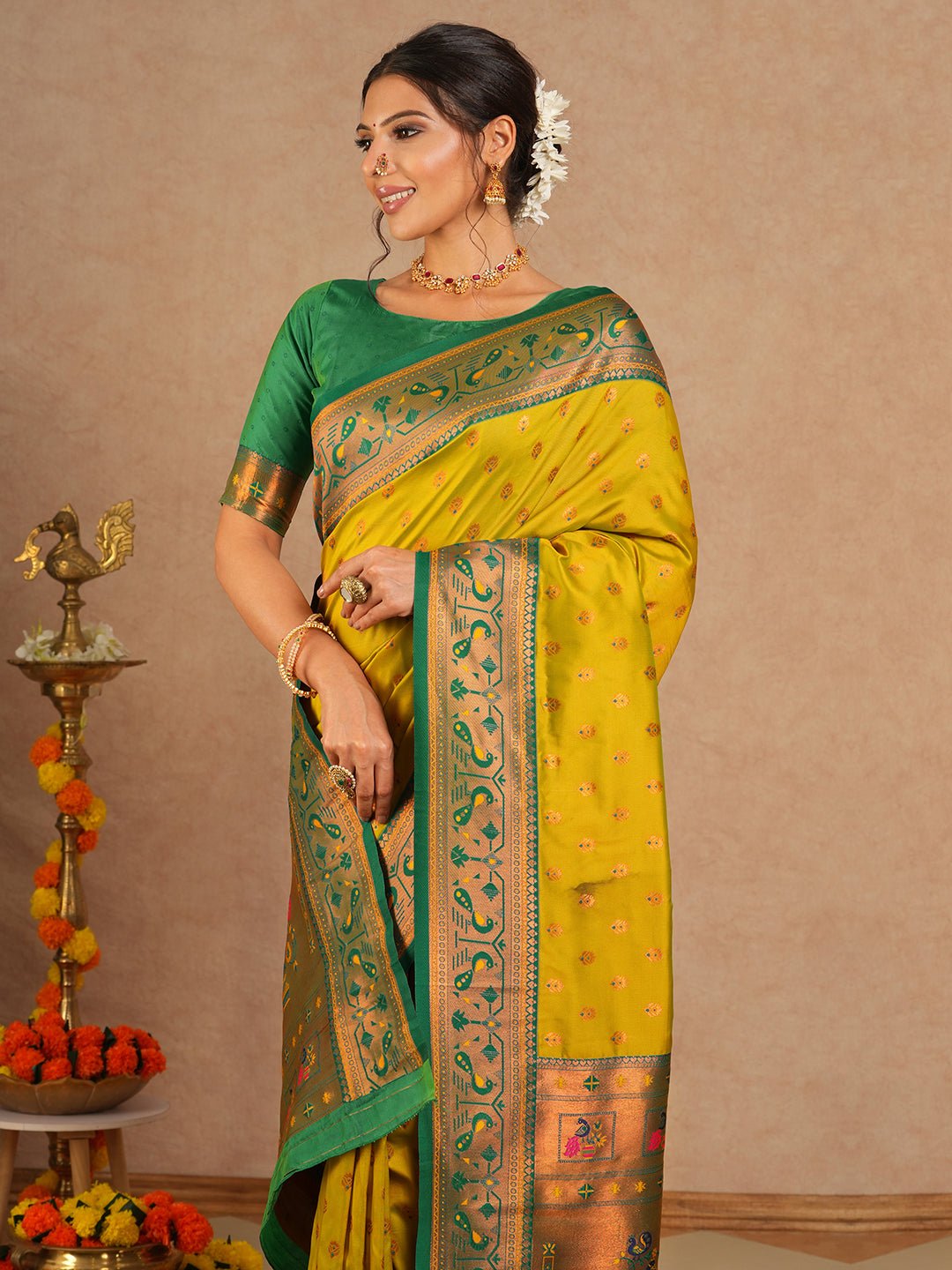 Yellow & Green Silk Blend Heritage Banarasi Style Saree - Ressa