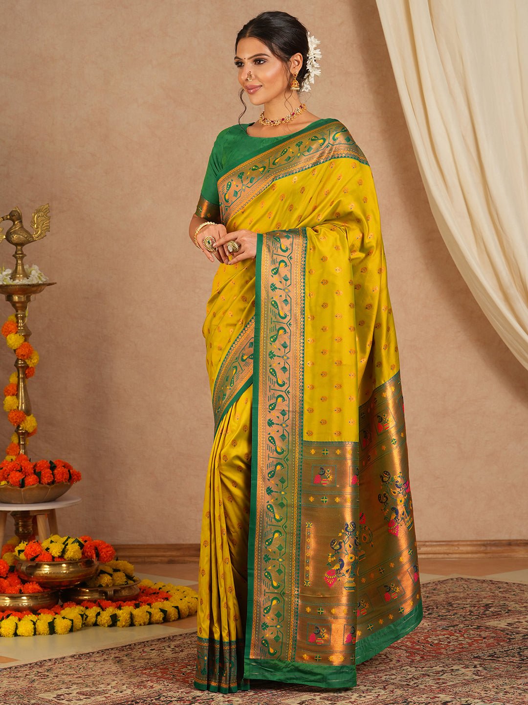 Yellow & Green Silk Blend Heritage Banarasi Style Saree - Ressa