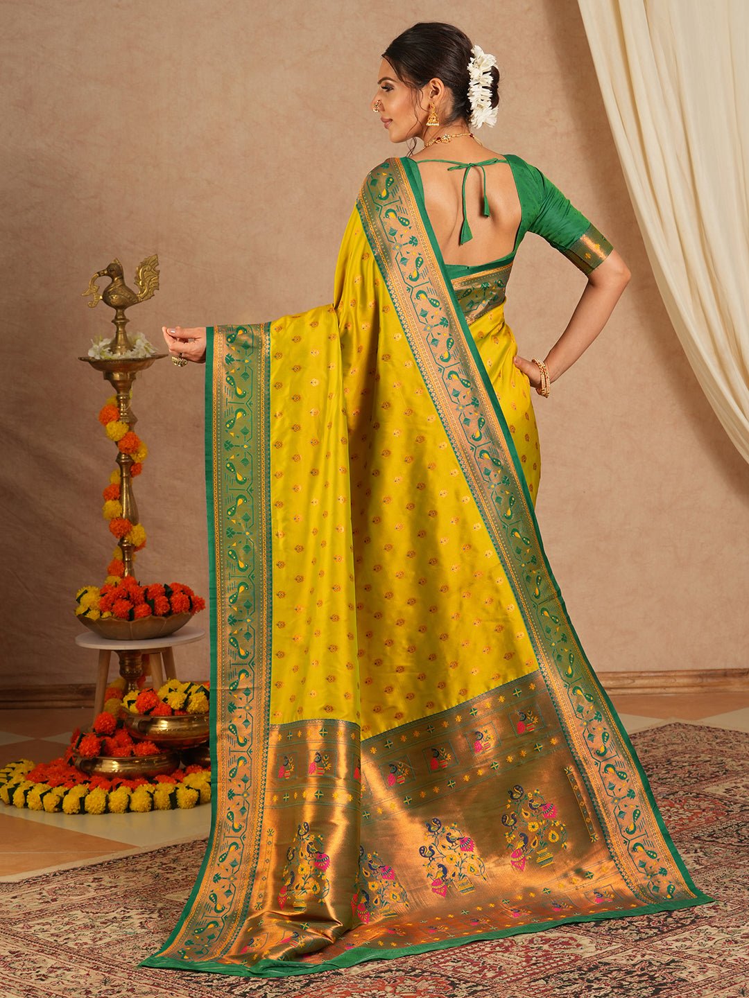 Yellow & Green Silk Blend Heritage Banarasi Style Saree - Ressa
