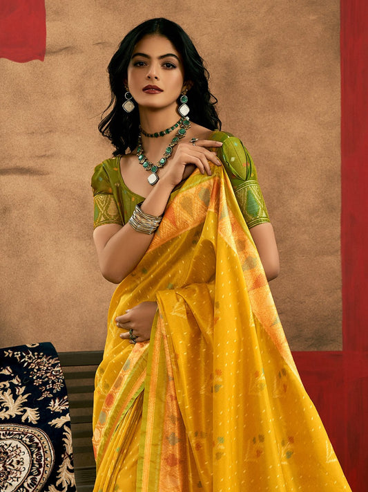 Yellow & Green Silk Blend Patola Style Saree - Ressa