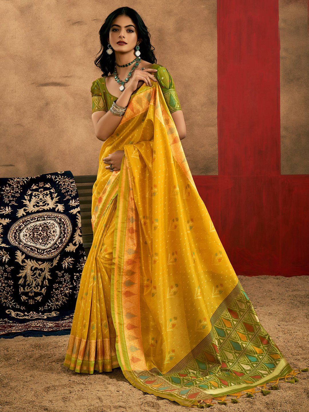 Yellow & Green Silk Blend Patola Style Saree - Ressa