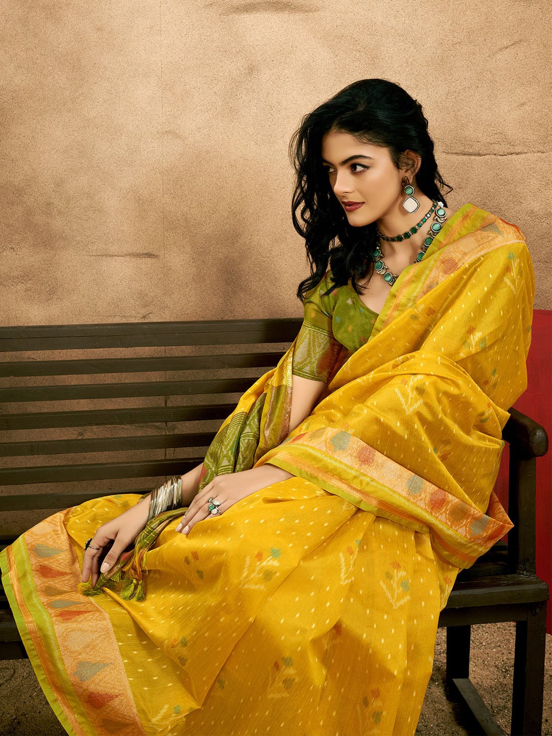 Yellow & Green Silk Blend Patola Style Saree - Ressa
