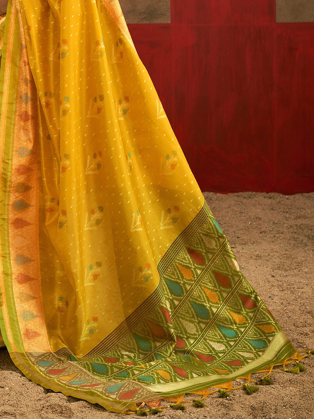 Yellow & Green Silk Blend Patola Style Saree - Ressa