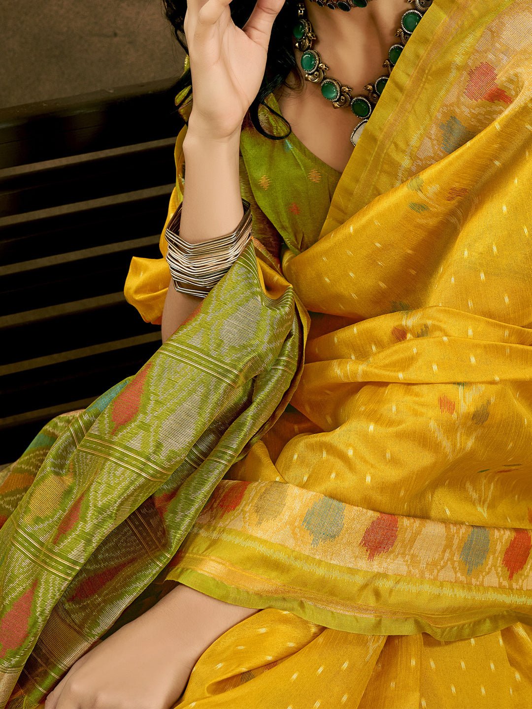 Yellow & Green Silk Blend Patola Style Saree - Ressa