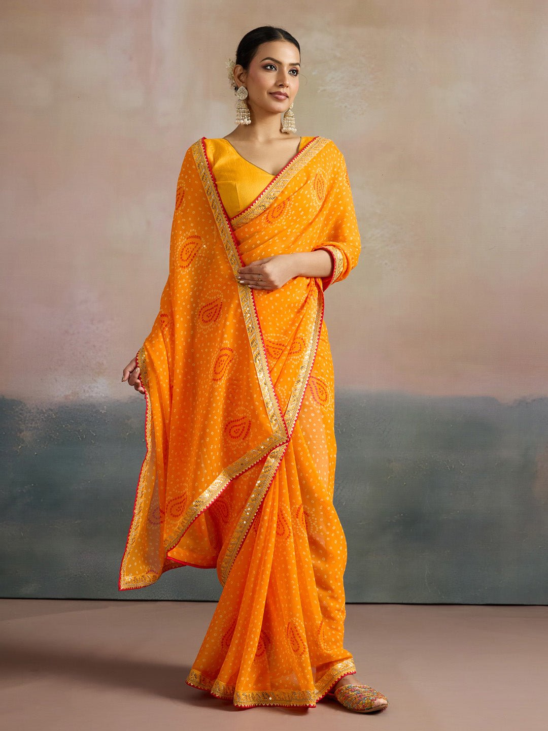 Yellow Paisley Motif Bandhani Georgette Saree - Ressa