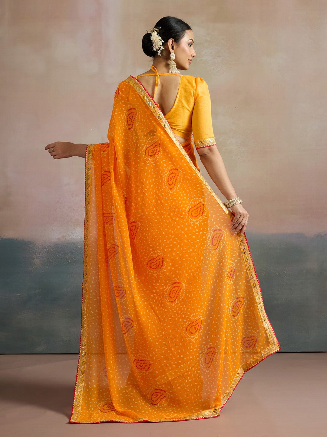 Yellow Paisley Motif Bandhani Georgette Saree - Ressa