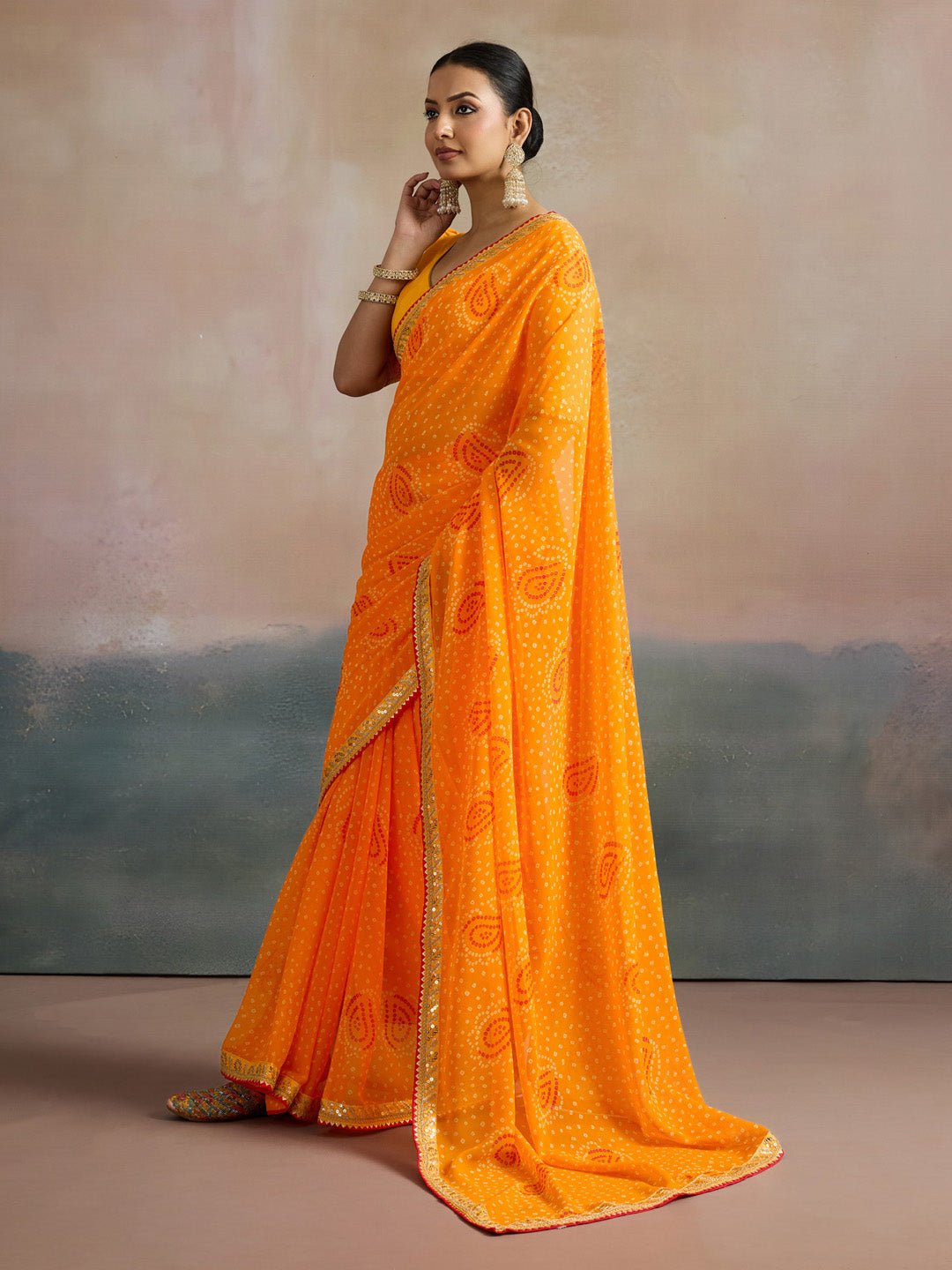 Yellow Paisley Motif Bandhani Georgette Saree - Ressa
