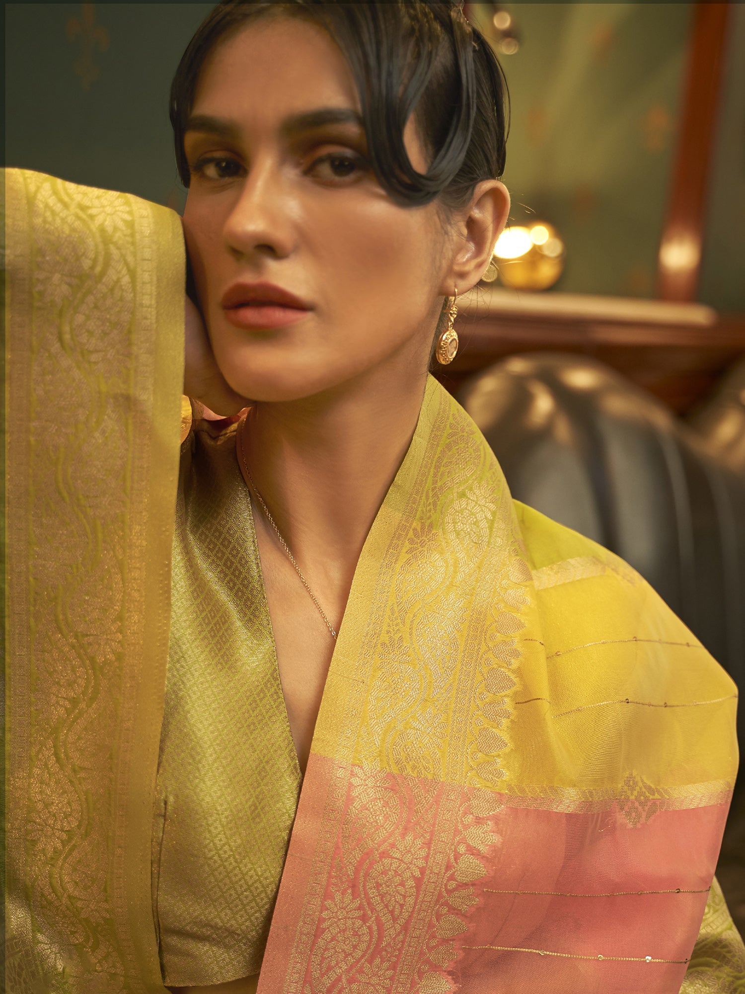 Yellow & Pink Organza Woven Saree - Ressa