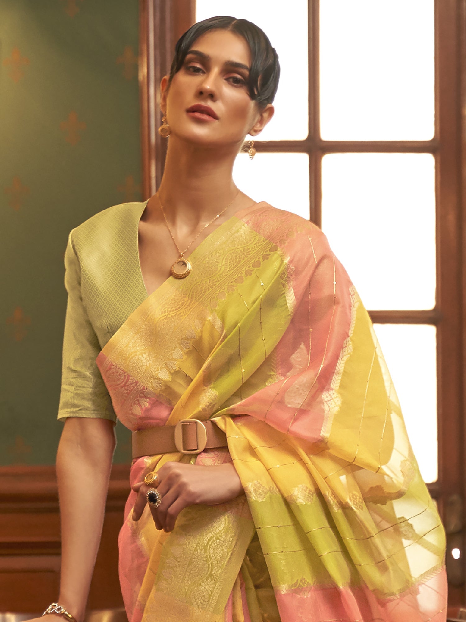 Yellow & Pink Organza Woven Saree - Ressa