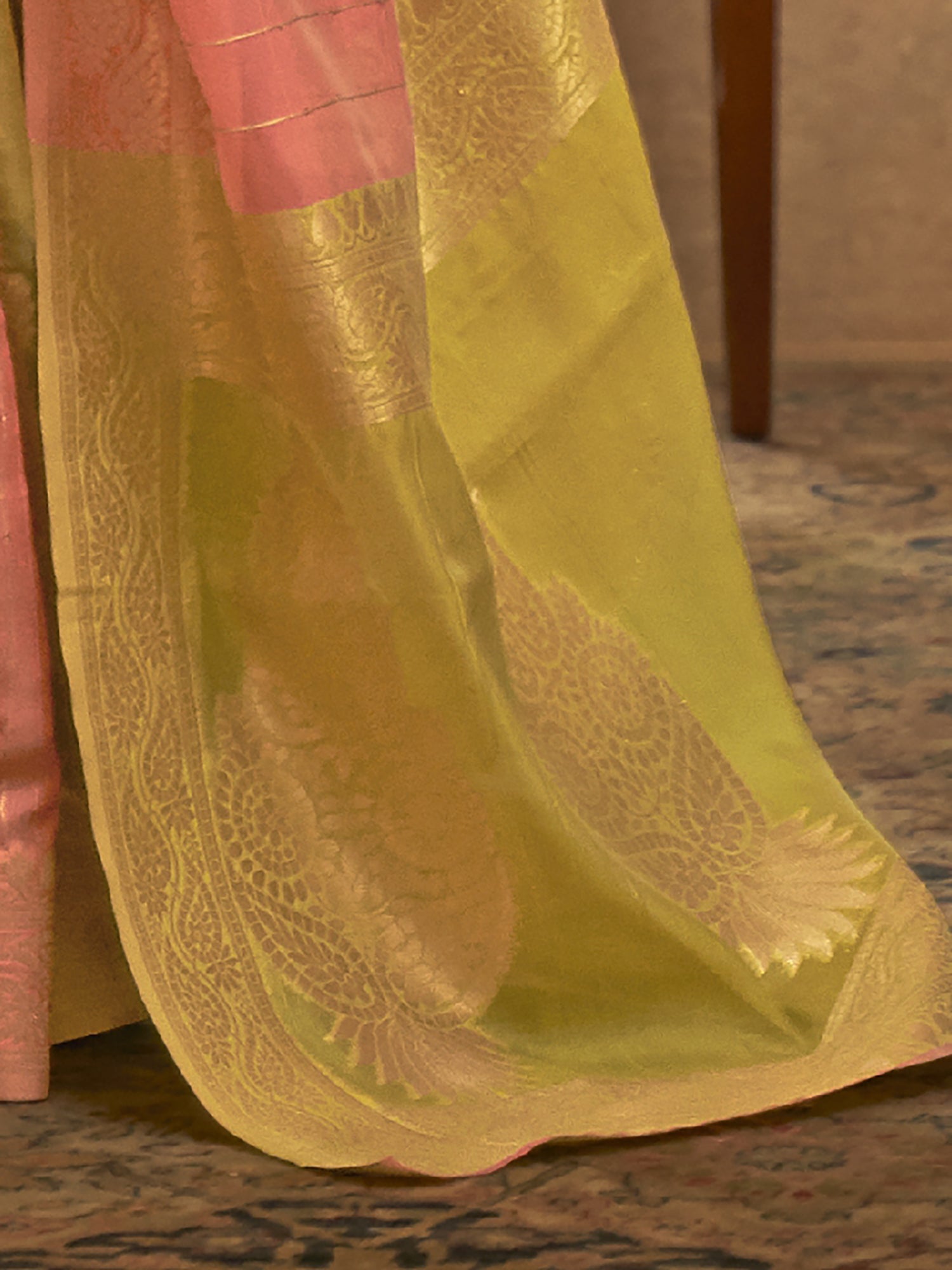 Yellow & Pink Organza Woven Saree - Ressa