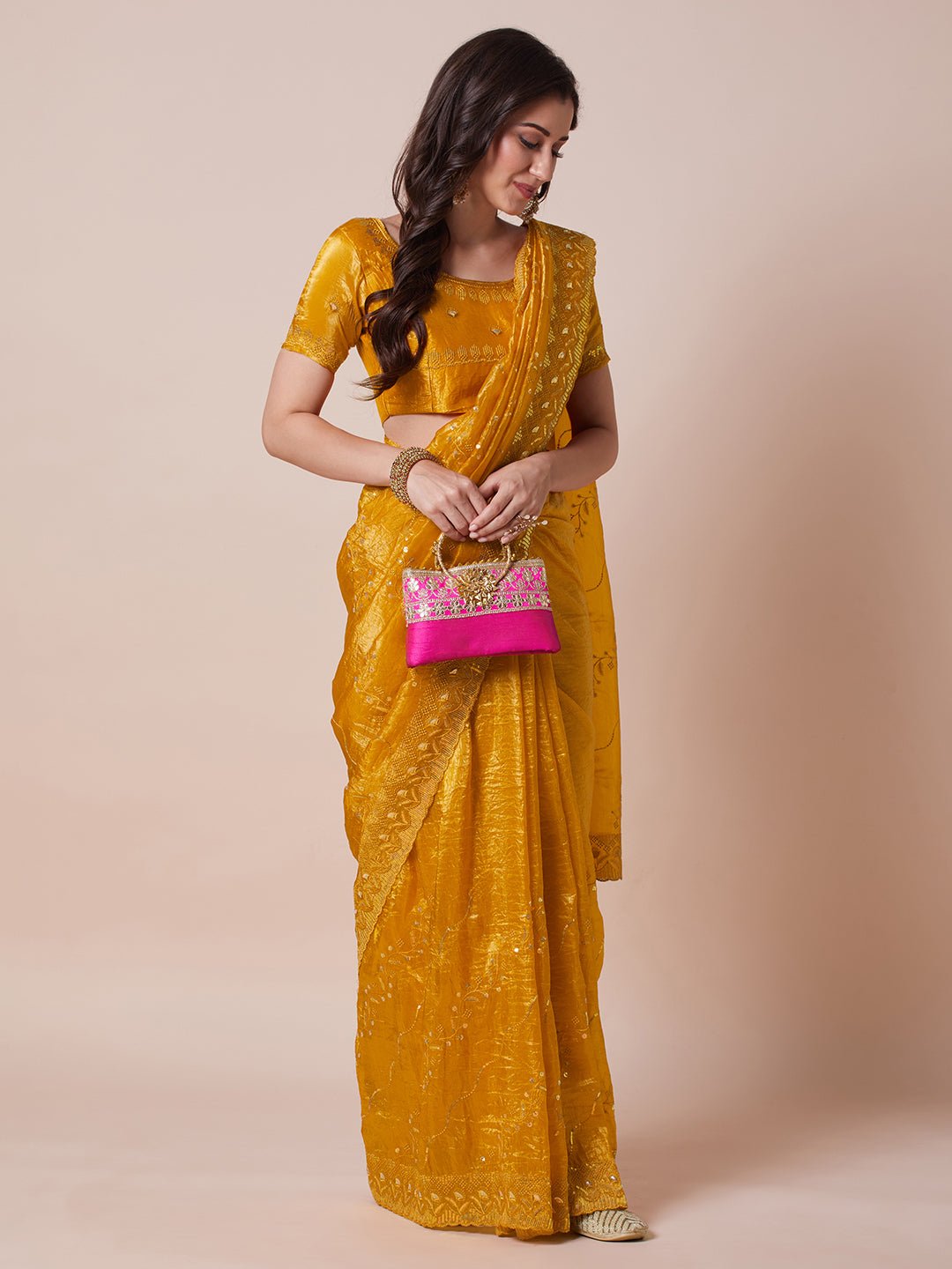 Yellow Polyester Embroidered Border Saree - Ressa