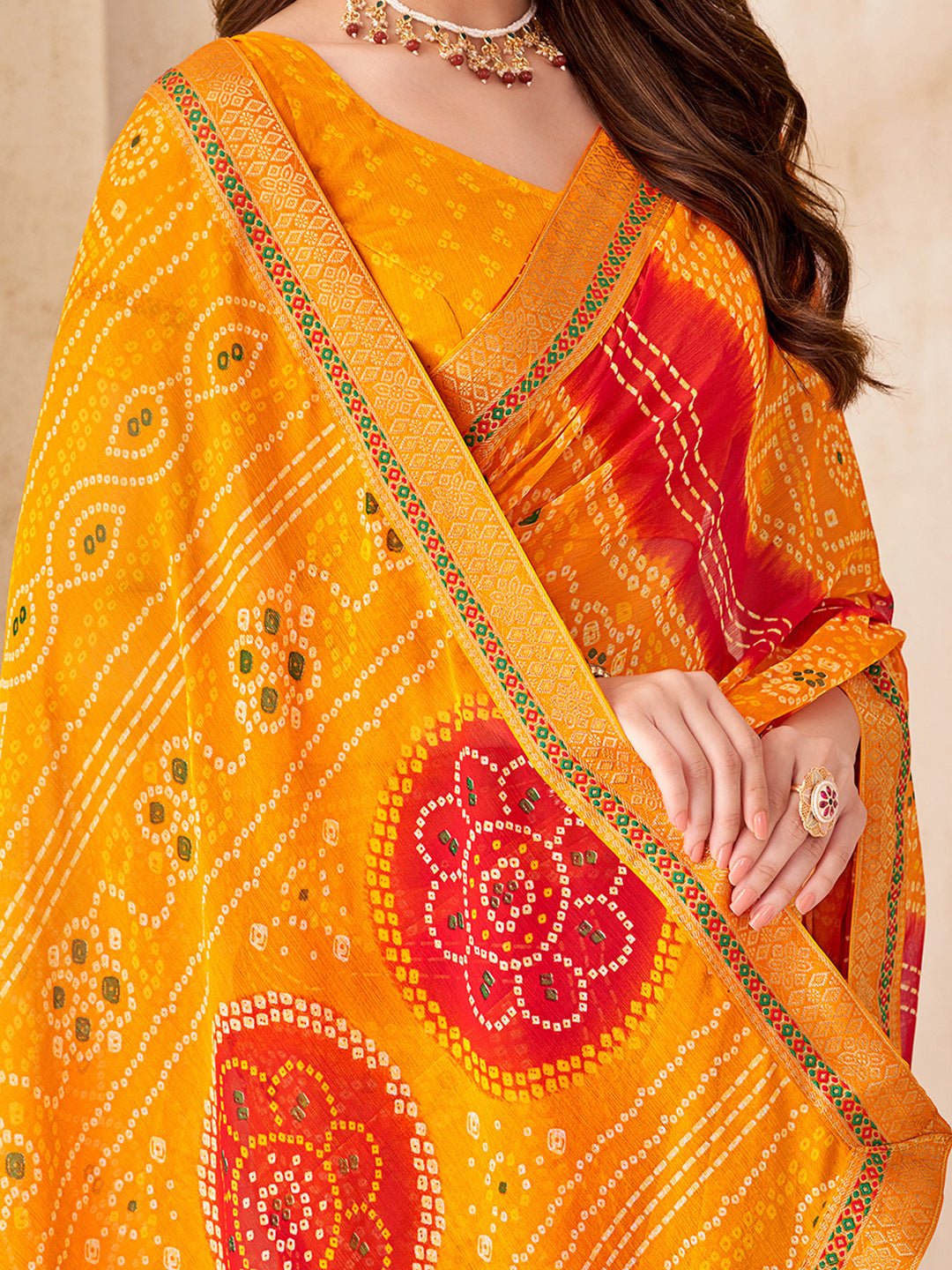Yellow & Red Georgette Bandhani Saree - Ressa