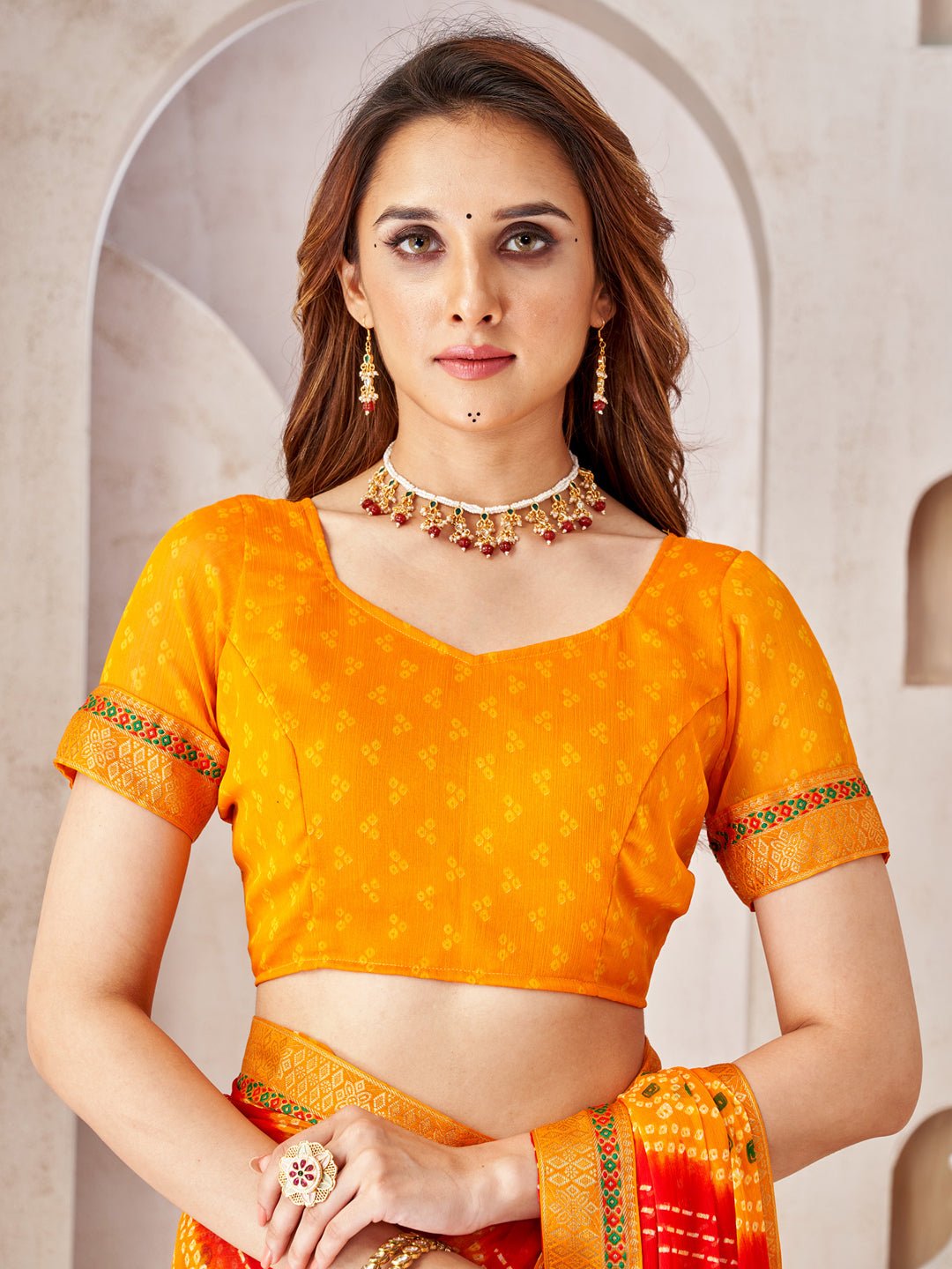 Yellow & Red Georgette Bandhani Saree - Ressa