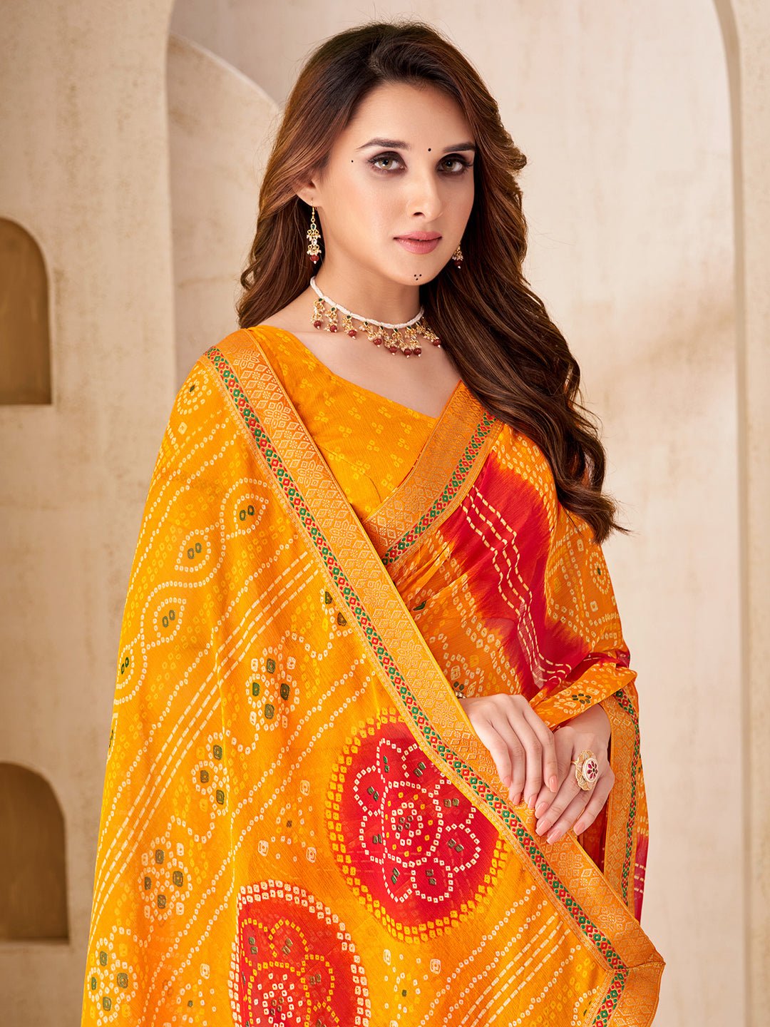 Yellow & Red Georgette Bandhani Saree - Ressa