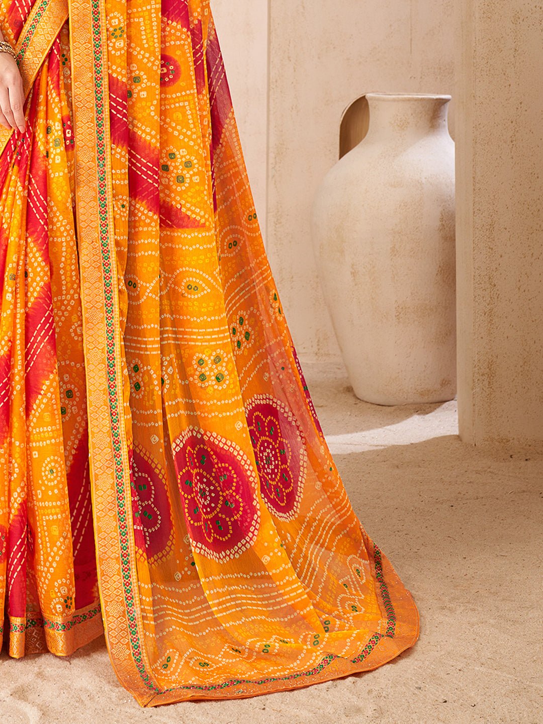 Yellow & Red Georgette Bandhani Saree - Ressa