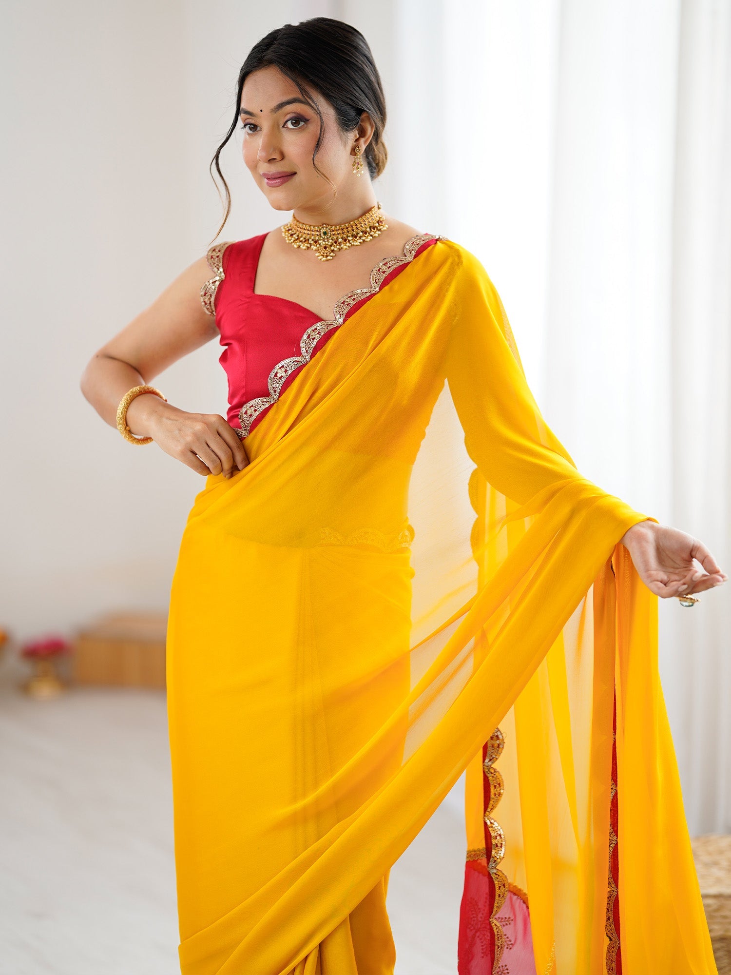 Yellow & Red Georgette Saree - Ressa
