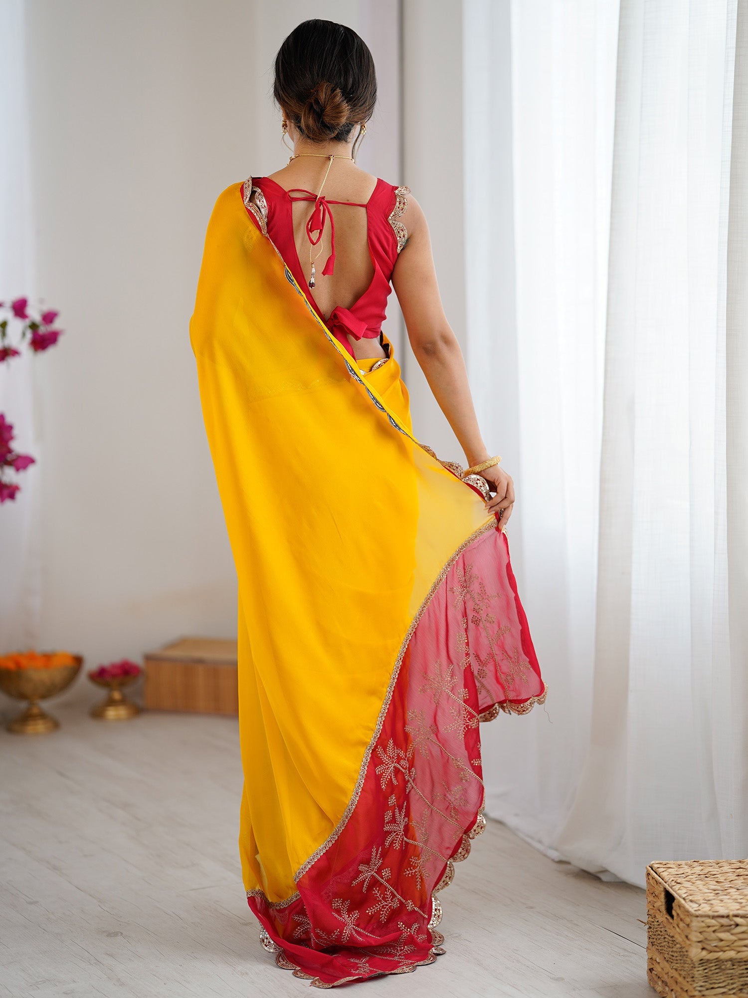 Yellow & Red Georgette Saree - Ressa