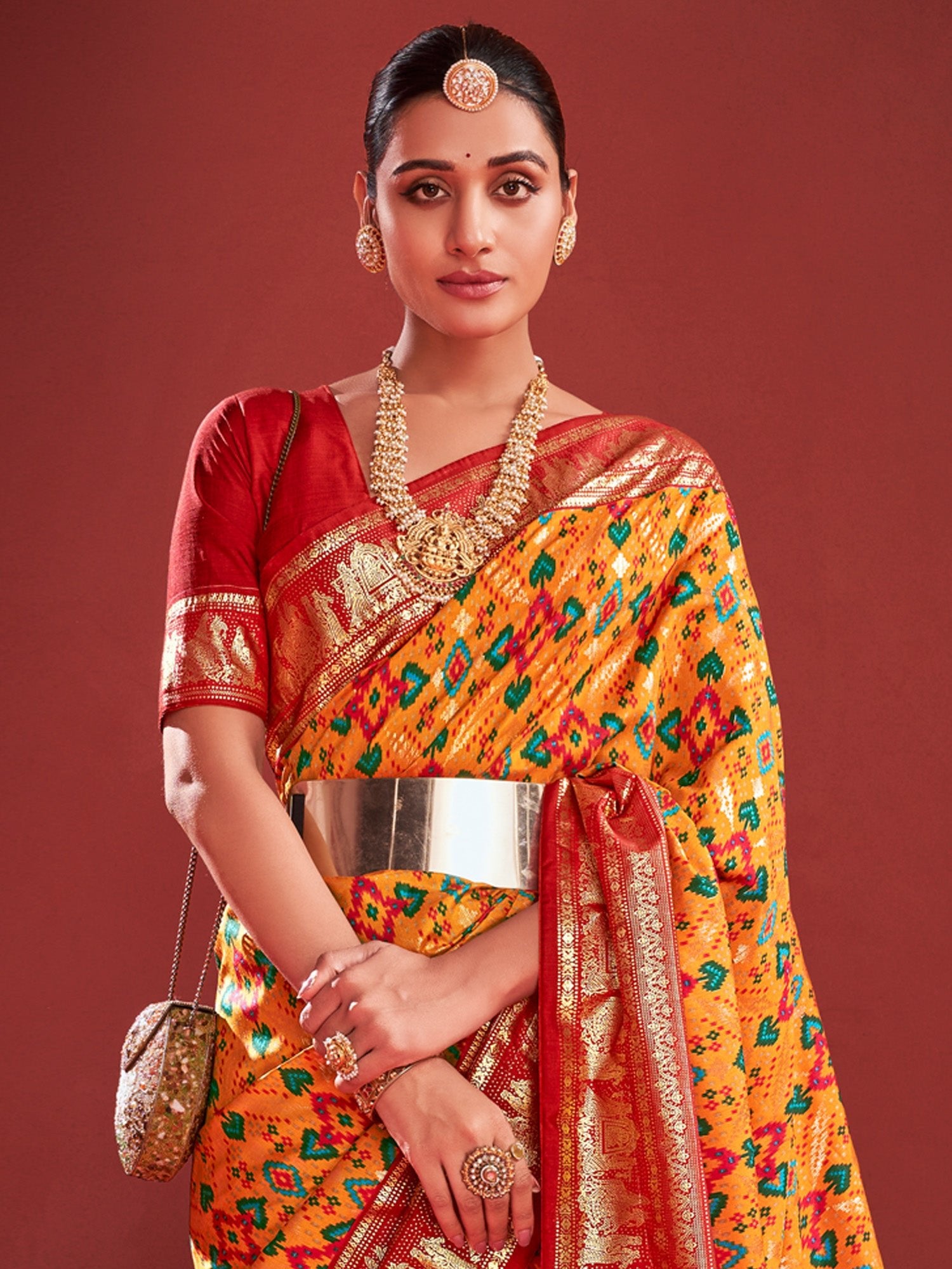 Yellow Red Silk Blend Patola Inspired Weaving Zari Border Blouse Saree - Ressa