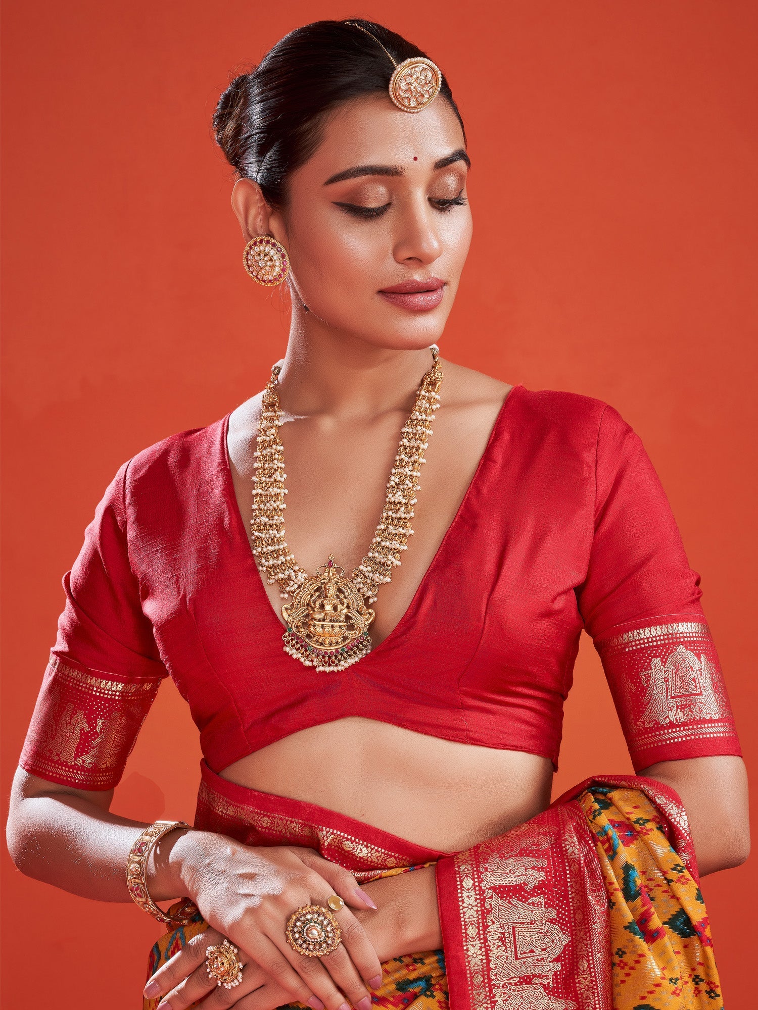 Yellow Red Silk Blend Patola Inspired Weaving Zari Border Blouse Saree - Ressa