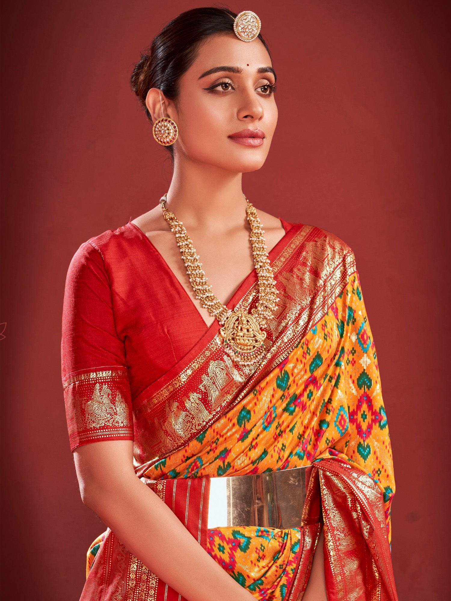 Yellow Red Silk Blend Patola Inspired Weaving Zari Border Blouse Saree - Ressa