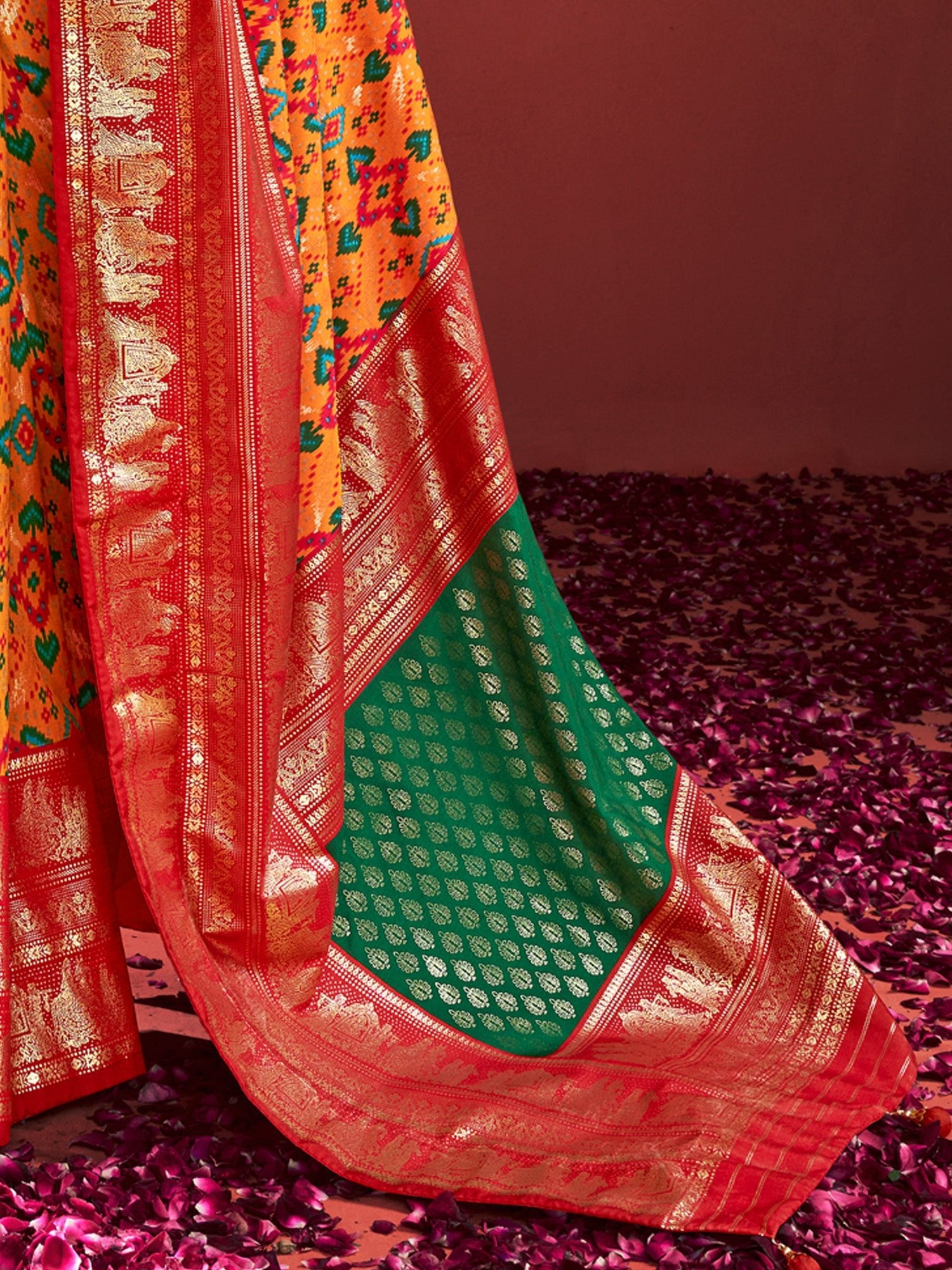Yellow Red Silk Blend Patola Inspired Weaving Zari Border Blouse Saree - Ressa
