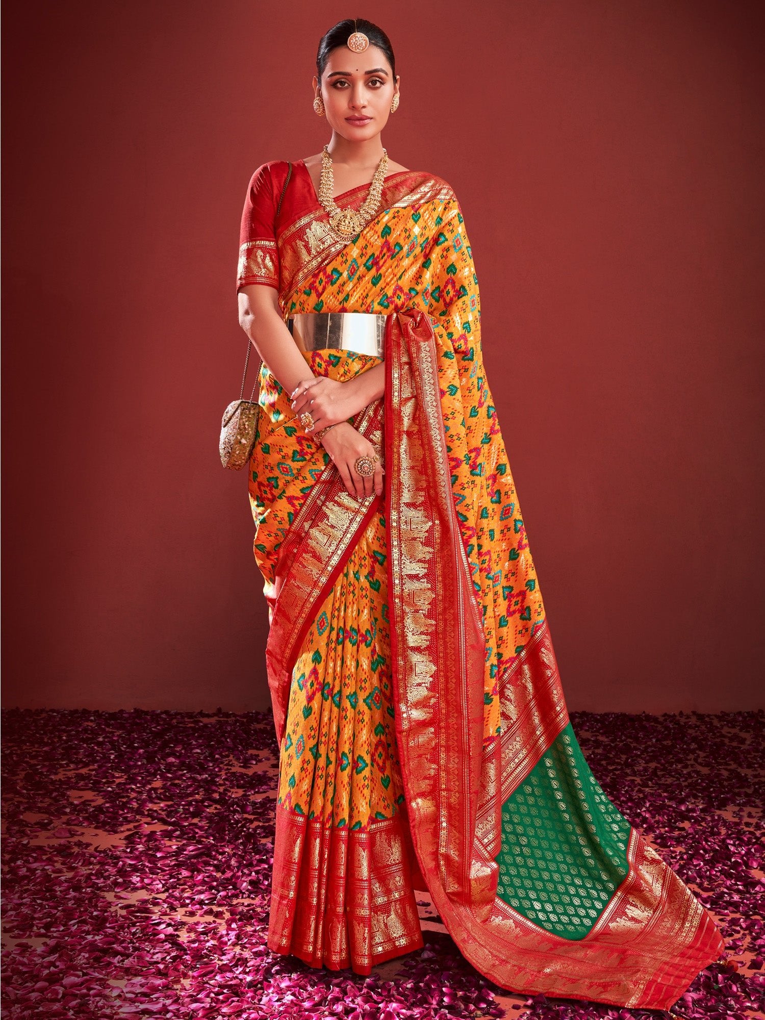 Yellow Red Silk Blend Patola Inspired Weaving Zari Border Blouse Saree - Ressa
