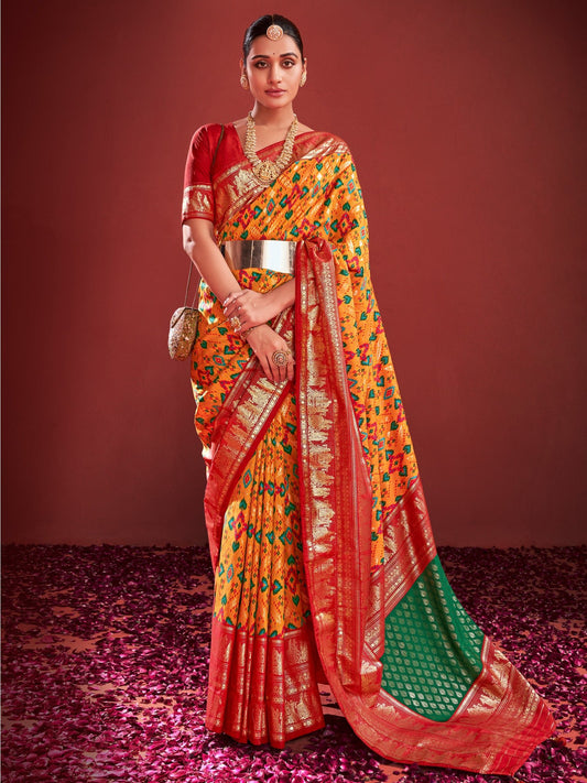 Yellow Red Silk Blend Patola Inspired Weaving Zari Border Blouse Saree - Ressa