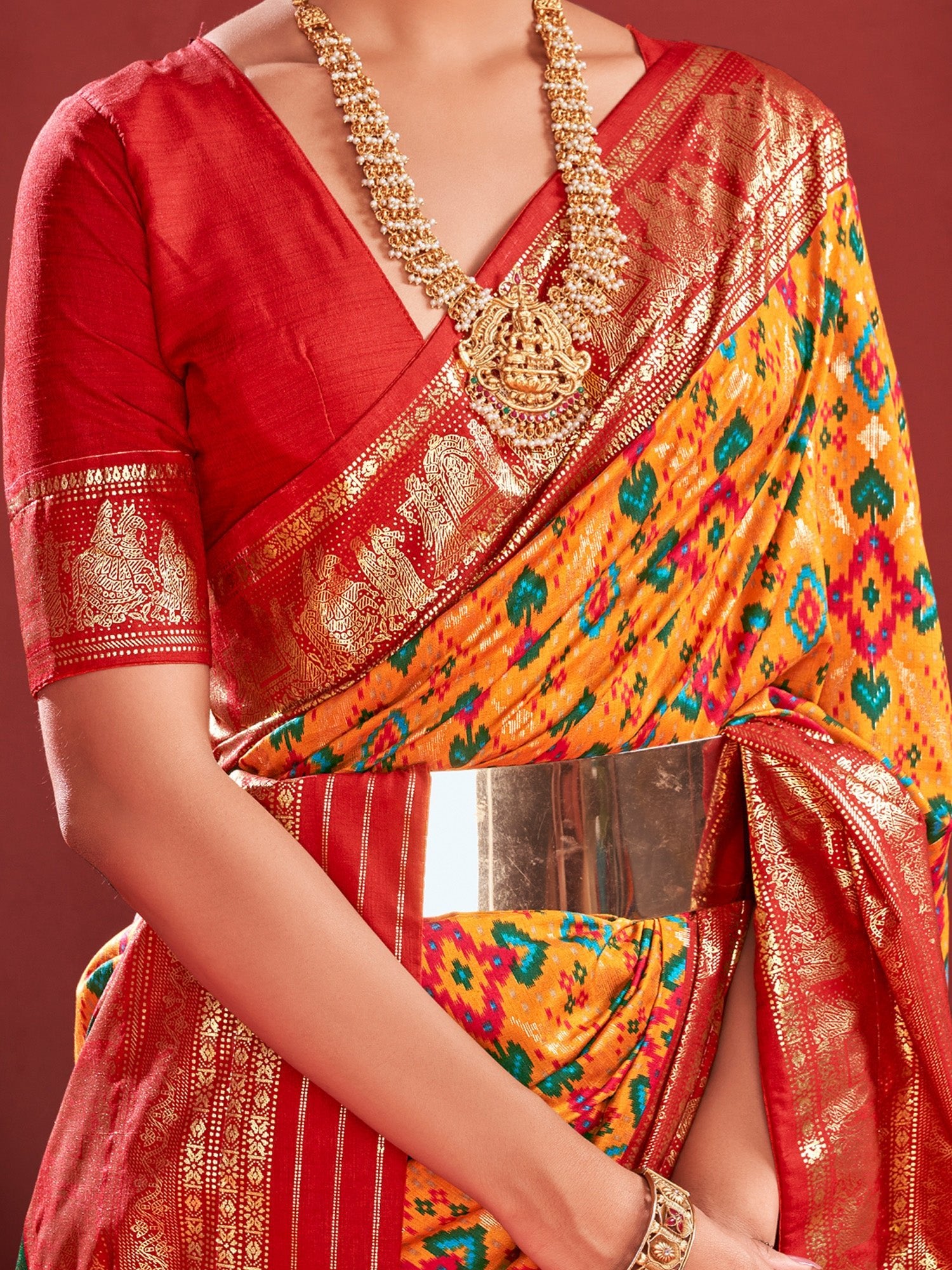 Yellow Red Silk Blend Patola Inspired Weaving Zari Border Blouse Saree - Ressa