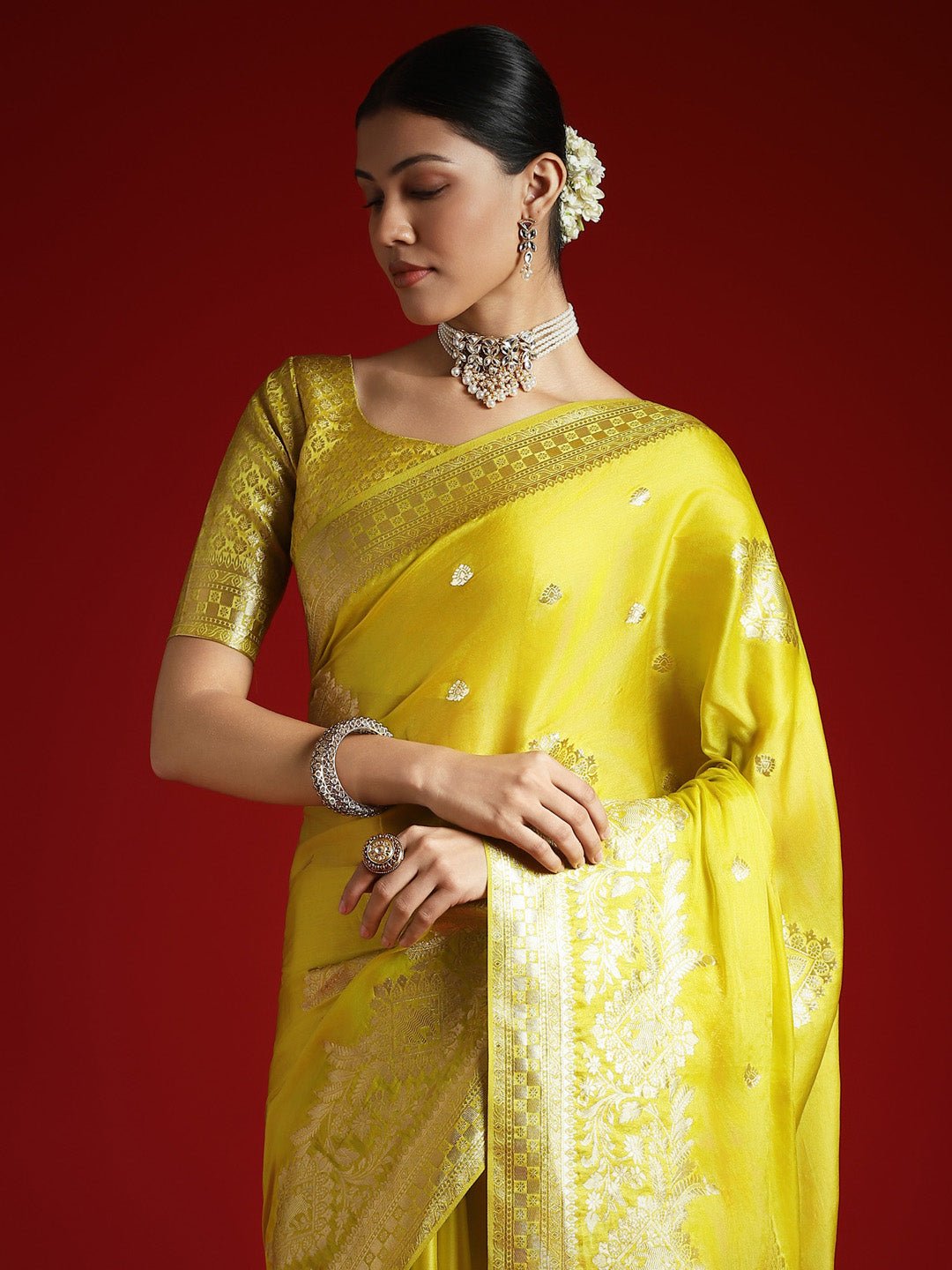 Yellow Satin Banarasi Style Zari Woven Saree - Ressa