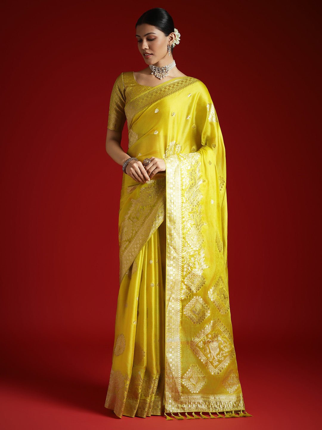 Yellow Satin Banarasi Style Zari Woven Saree - Ressa