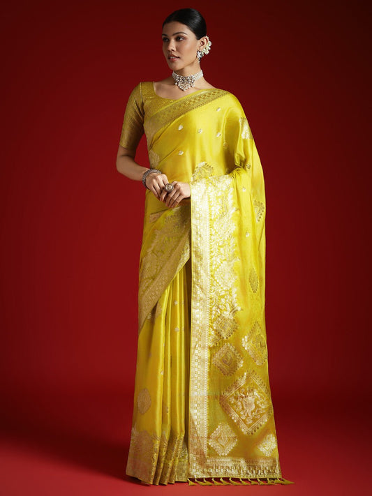 Yellow Satin Banarasi Style Zari Woven Saree - Ressa