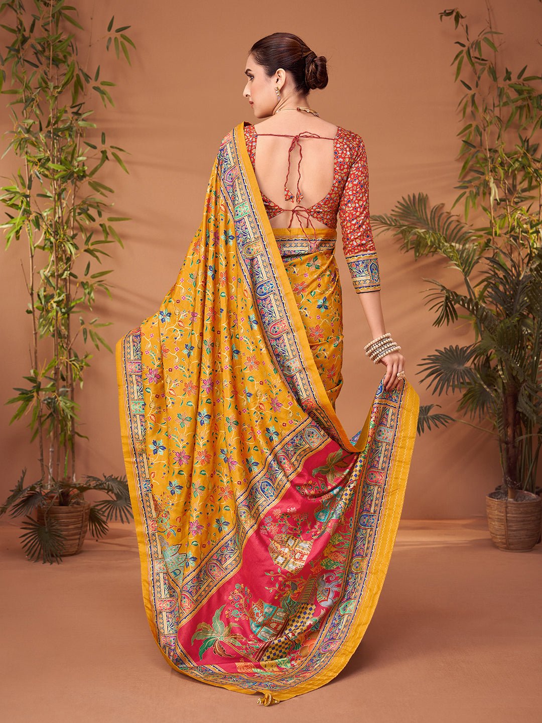 Yellow Silk Blend Patola Inspired Weaving Zari Border Blouse Saree - Ressa