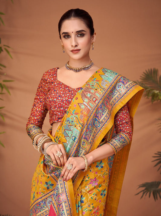 Yellow Silk Blend Patola Inspired Weaving Zari Border Blouse Saree - Ressa
