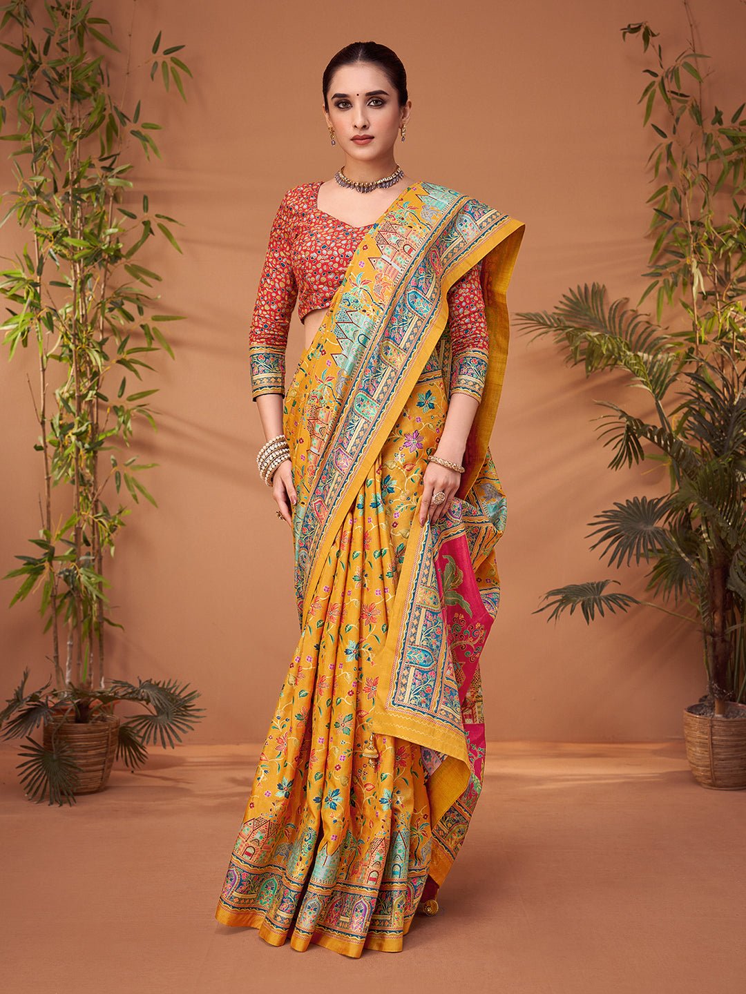 Yellow Silk Blend Patola Inspired Weaving Zari Border Blouse Saree - Ressa