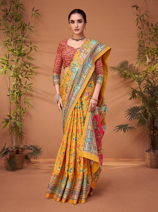 Yellow Silk Blend Patola Inspired Weaving Zari Border Blouse Saree - Ressa