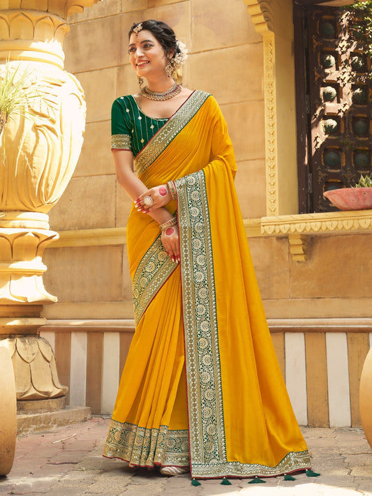 Yellow Silk Saree with Green Banarasi Border - Ressa