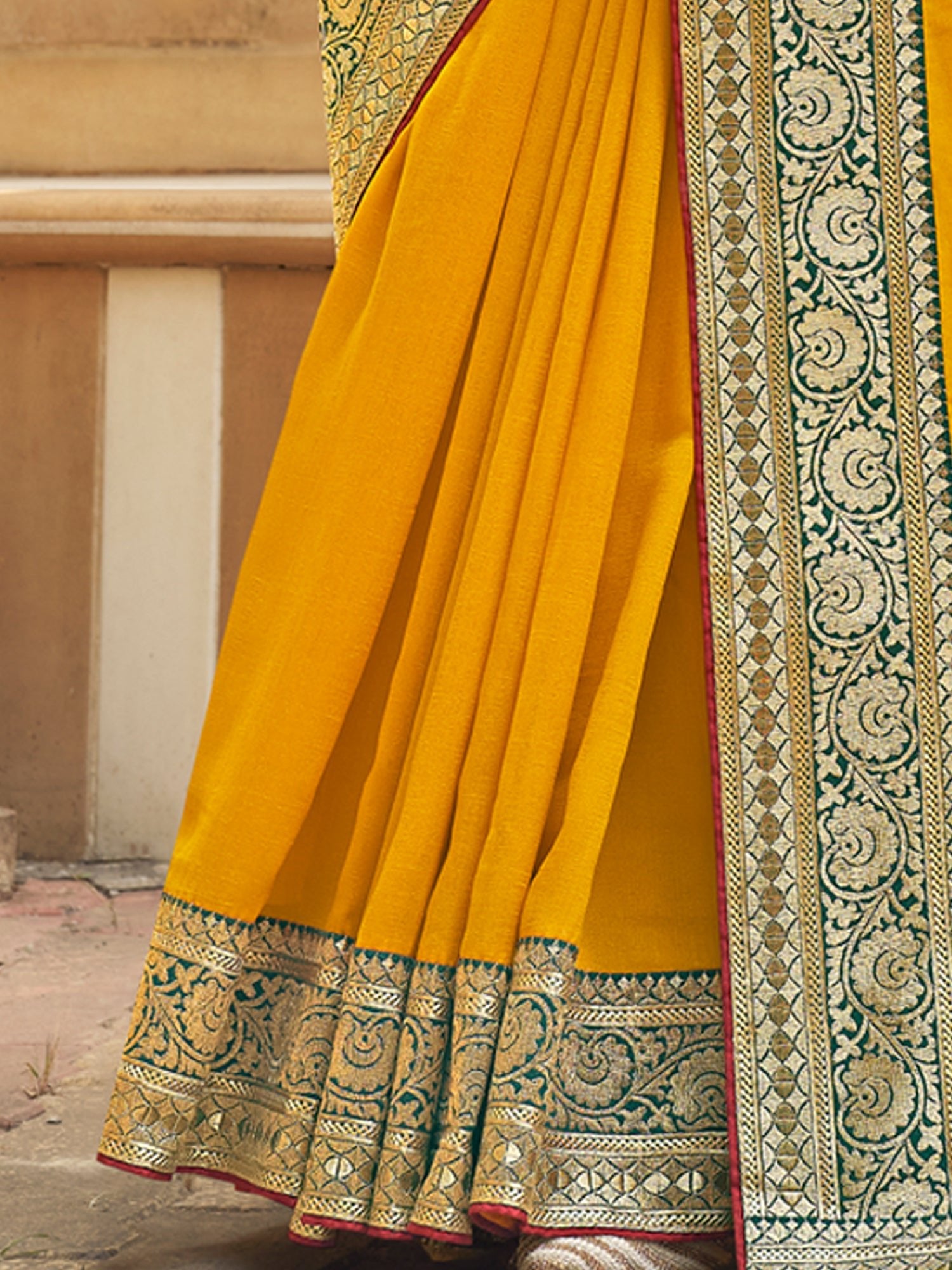 Yellow Silk Saree with Green Banarasi Border - Ressa