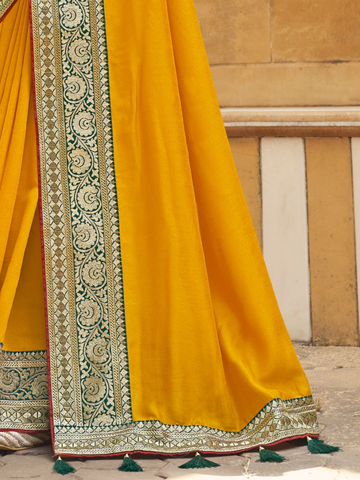 Yellow Silk Saree with Green Banarasi Border - Ressa