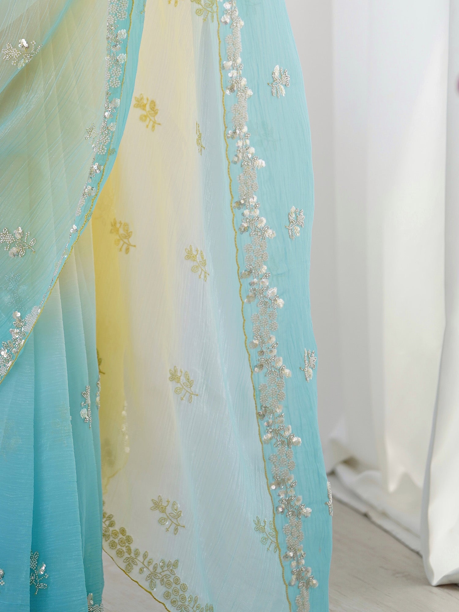 Yellow & Sky Blue Ombre Chiffon Saree - Ressa