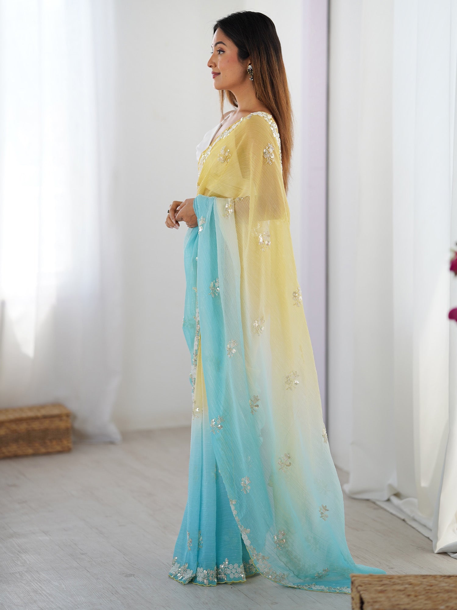 Yellow & Sky Blue Ombre Chiffon Saree - Ressa