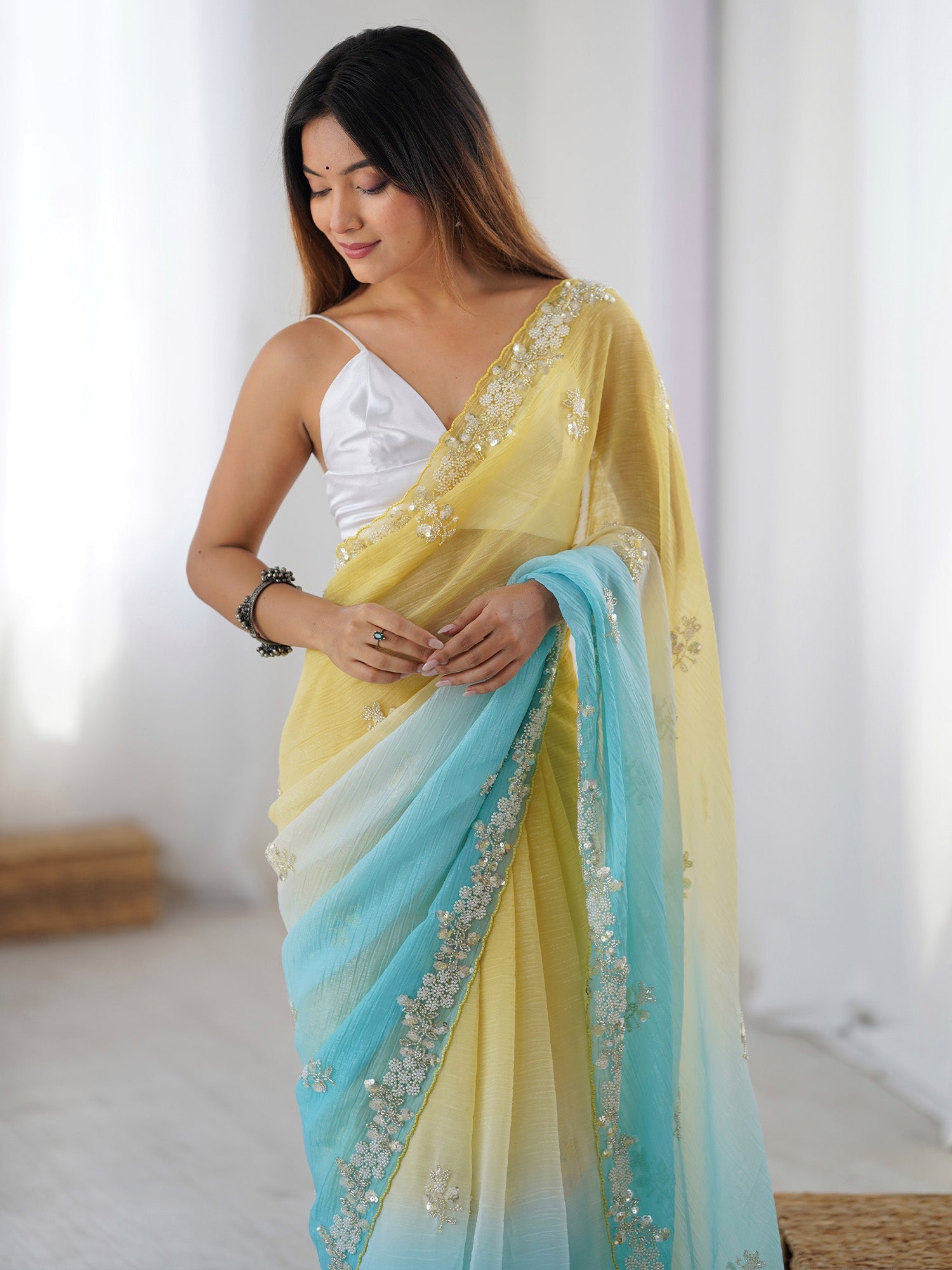 Yellow & Sky Blue Ombre Chiffon Saree - Ressa