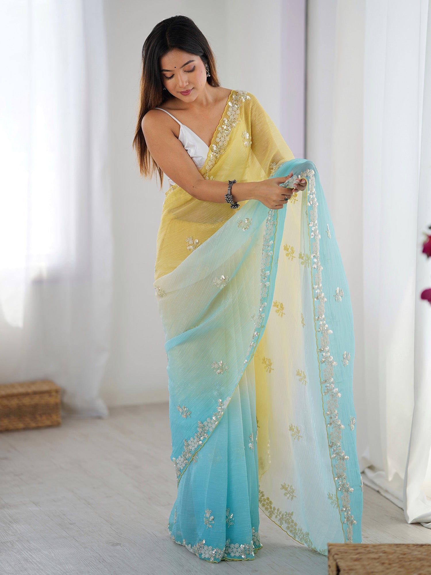 Yellow & Sky Blue Ombre Chiffon Saree - Ressa