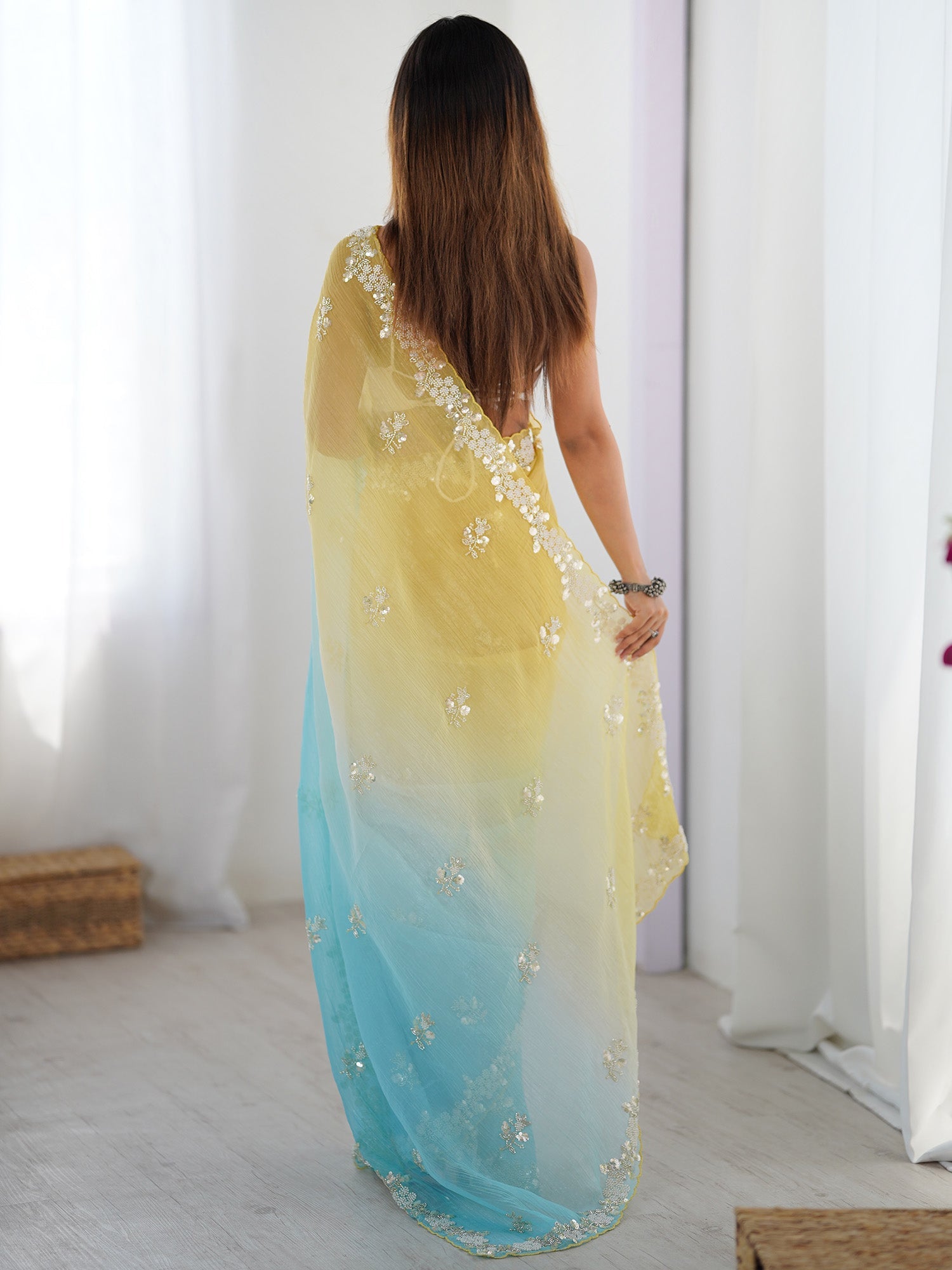 Yellow & Sky Blue Ombre Chiffon Saree - Ressa