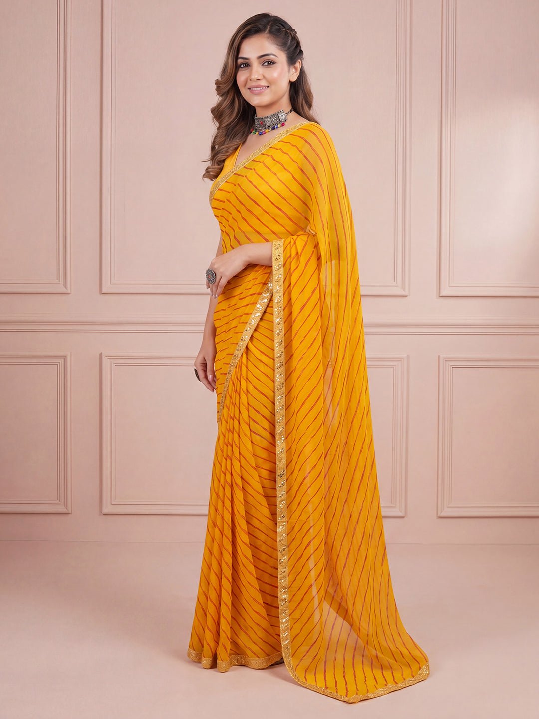Yellow Striped Georgette Saree - Ressa