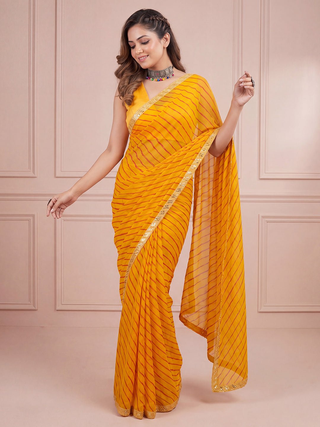 Yellow Striped Georgette Saree - Ressa