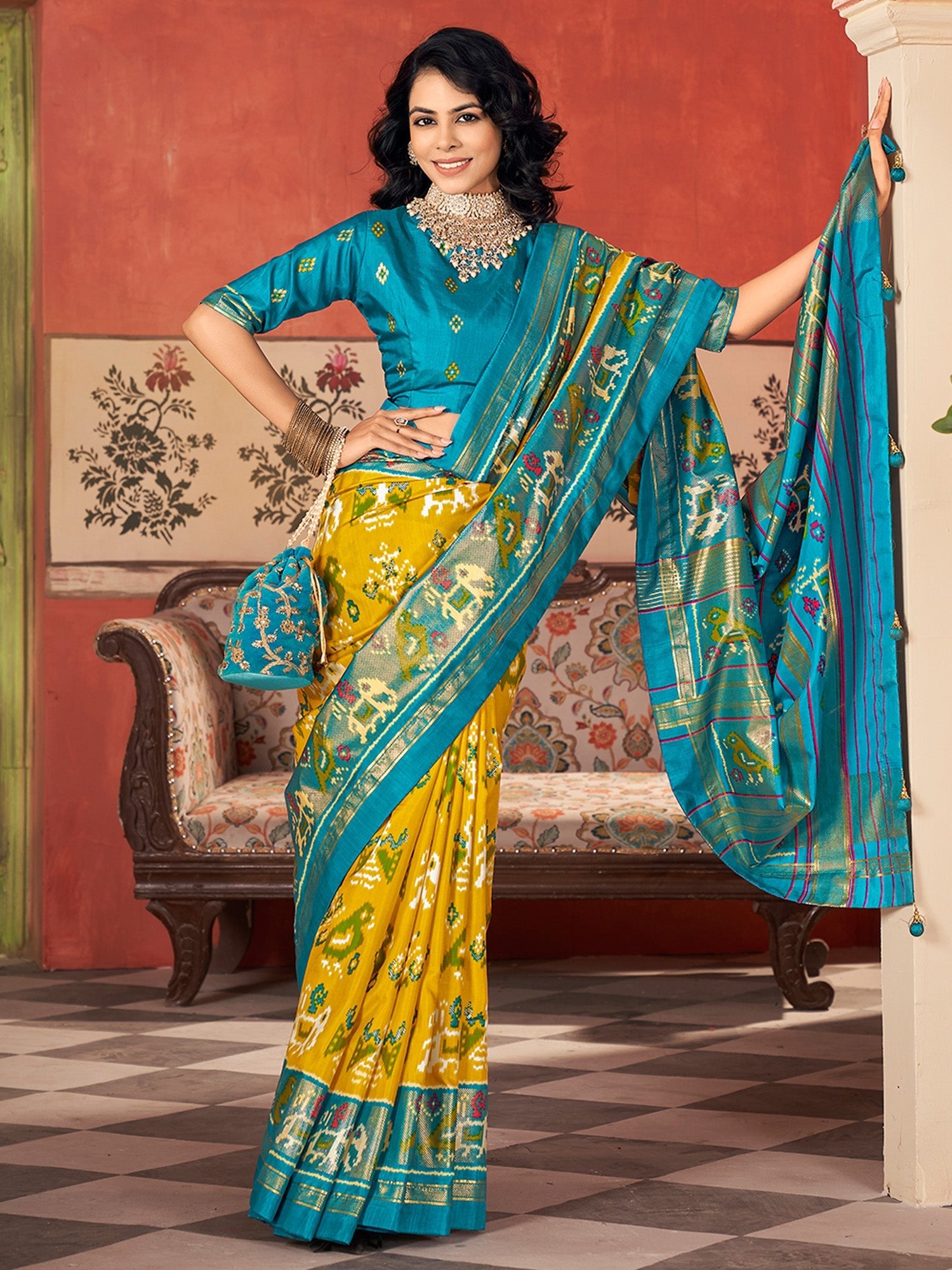Yellow Teal Blue Tussar Silk Printed Patola Zari Border Blouse Saree - Ressa