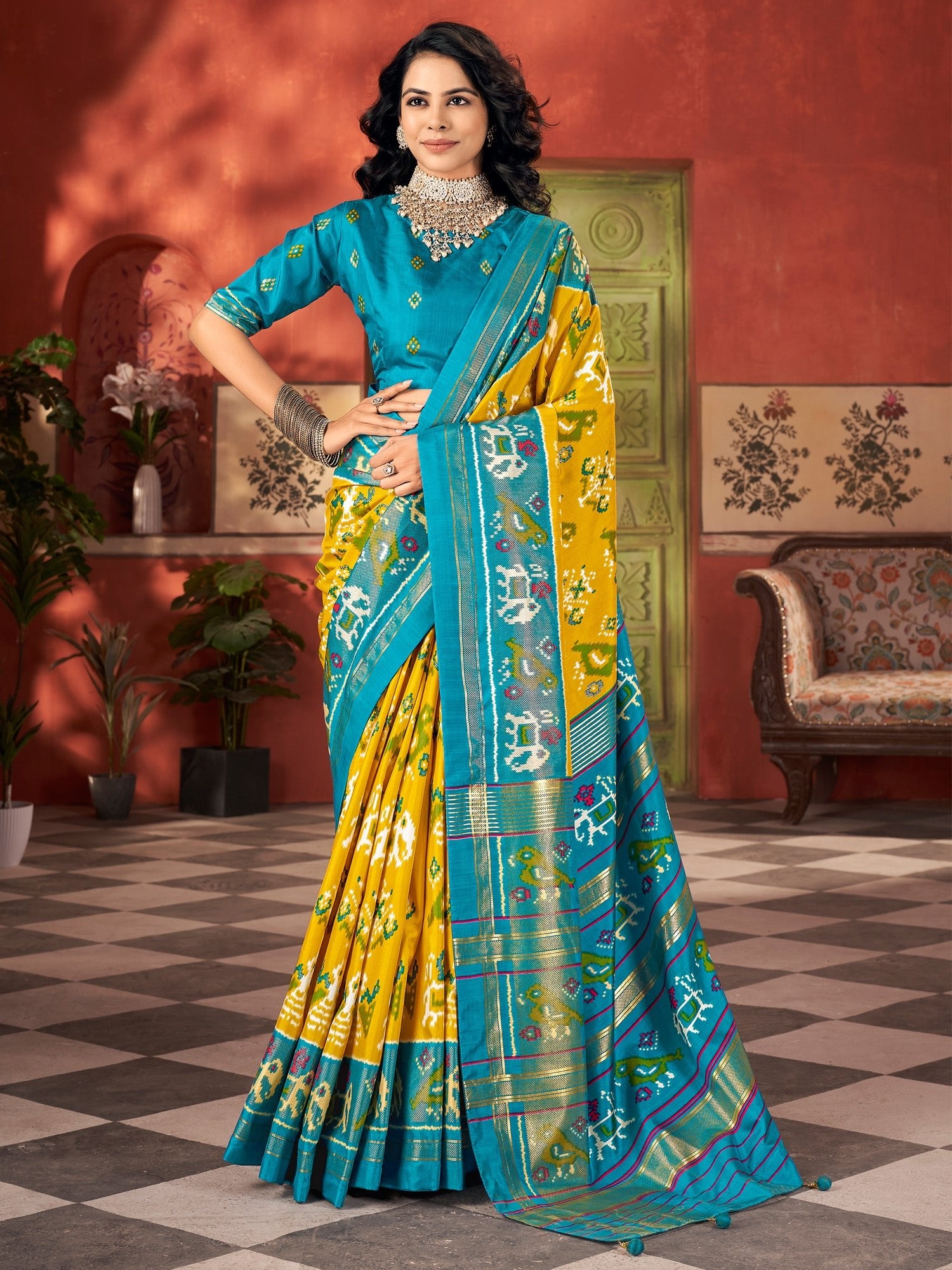 Yellow Teal Blue Tussar Silk Printed Patola Zari Border Blouse Saree - Ressa