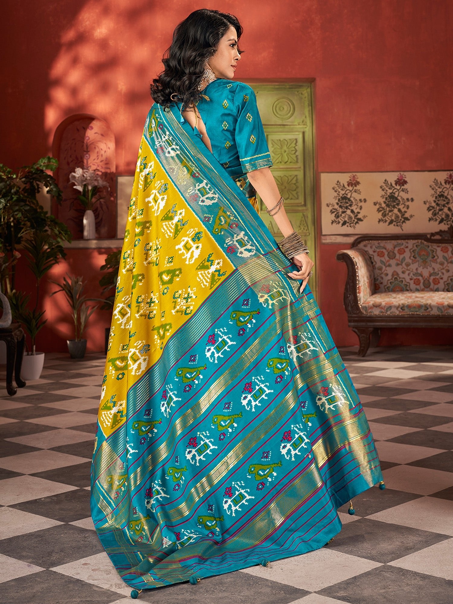 Yellow Teal Blue Tussar Silk Printed Patola Zari Border Blouse Saree - Ressa