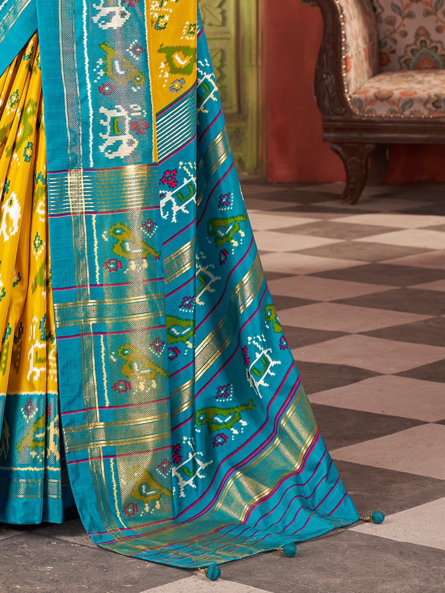 Yellow Teal Blue Tussar Silk Printed Patola Zari Border Blouse Saree - Ressa