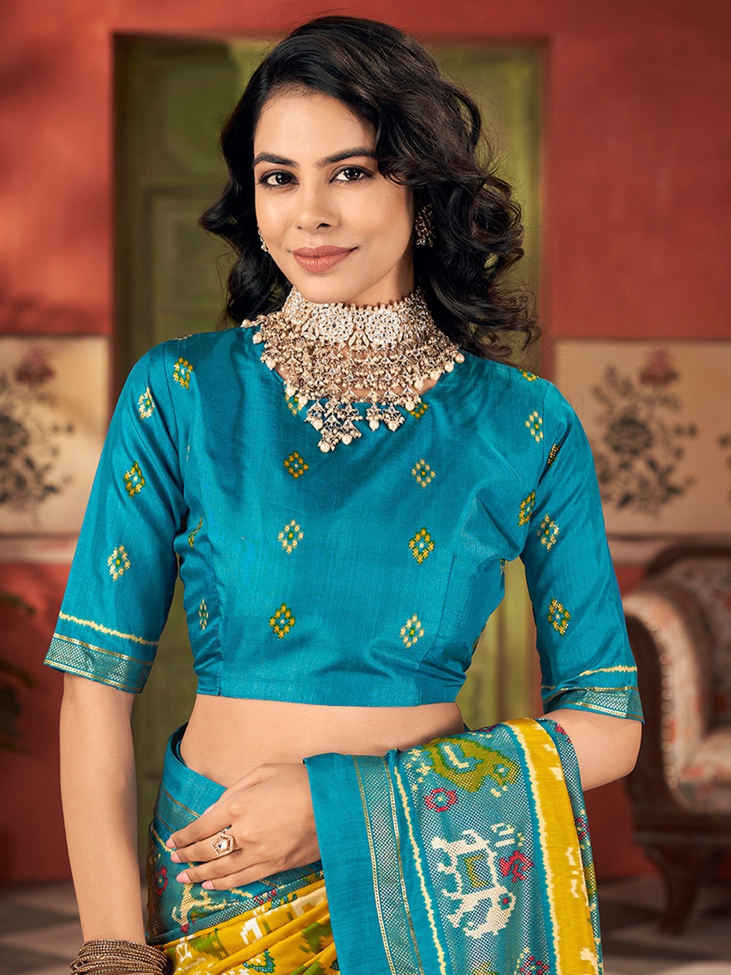 Yellow Teal Blue Tussar Silk Printed Patola Zari Border Blouse Saree - Ressa
